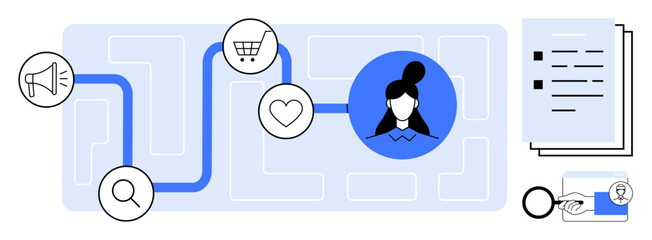 Wall Mural - Marketing, shopping, and feedback icons connected on a user journey path with a female user profile. Ideal for user experience, marketing strategy, online shopping, business planning, consumer