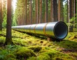 © bestimagestock - A rusty, weathered pipe protrudes from the lush, green underbrush of a dense forest, surrounded by tall trees and vibrant ferns, hinting at forgotten history.