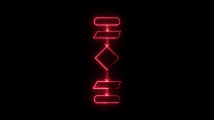 Neon glowing Block diagram concept, analysis scheme, logical, algorithm, flow chart drawing animation on black background.