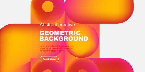 Wall Mural - Vibrant geometric shapes blend, creating dynamic background. Orange, pink, purple hues dominate design, text present.