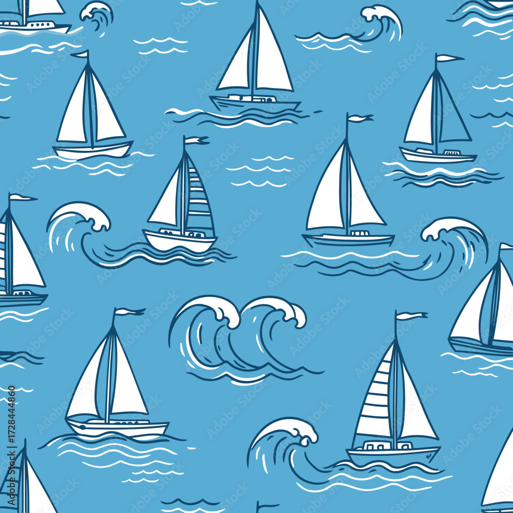 Seamless pattern of sailing ships on a light blue sea with waves. Hand ...