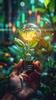 © Sendok - A hand holds a glowing lightbulb containing a small plant, set against a blurred background of greenery and a stock market graph