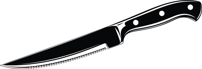 Serrated steak knife, black handle, sharp blade