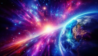 Earth from space, glowing with purple and blue background. Earth, space and colors.