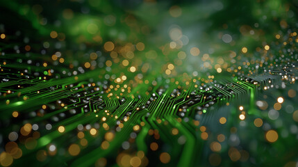 Wall Mural - Circuit Board: An artistic and imaginative illustration, showcasing the intricacies of a printed circuit board in vibrant green, with luminous highlights and a bokeh effect