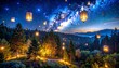 © OnlyBeautifulImages - Surreal Starry Nightscape with Swirling Galaxy and Floating Lanterns Over a Dark Forest