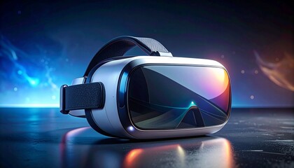 Advanced virtual reality goggles on a reflective surface, representing futuristic immersive technology for digital simulation and metaverse gaming