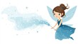 © Maman - A charming fairy with brown hair in a blue dress, uses a wand to create a sparkling, light-blue magical trail, against a white background
