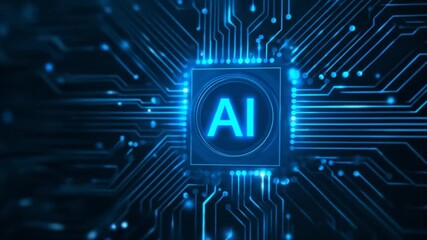 Glowing blue artificial intelligence symbol within a circuit board design