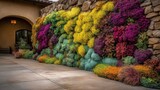 Vibrant Flower Wall Display with Vivid Colors and Textures in a Natural Outdoor Setting Enhancing Architectural Elements and Inviting Beauty