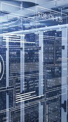 Wall Mural - Animation of hud interface screens with graphs, shapes and numbers over data server racks