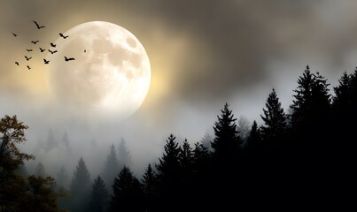 Wall Mural - A clean cinematic Halloween design of a glowing full moon with bats flying across, silhouetted forest trees below