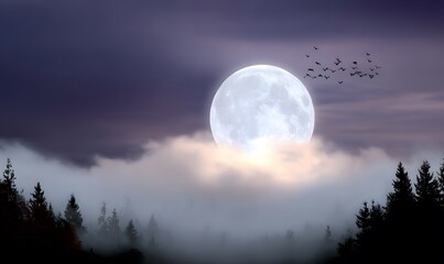 Wall Mural - A clean cinematic Halloween design of a glowing full moon with bats flying across, silhouetted forest trees below