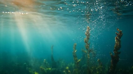 Wall Mural - Dreamy Underwater Scene with Shafts of Sunlight Penetrating Through the Surface, Creating Abstract Light Rays and Bubbles surface, blue, background