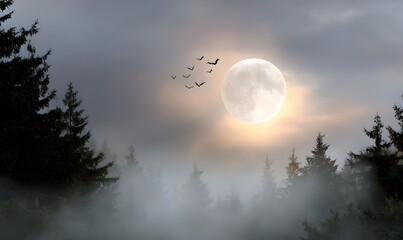 Wall Mural - A clean cinematic Halloween design of a glowing full moon with bats flying across, silhouetted forest trees below