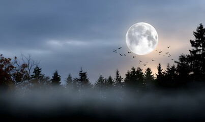 Wall Mural - A clean cinematic Halloween design of a glowing full moon with bats flying across, silhouetted forest trees below