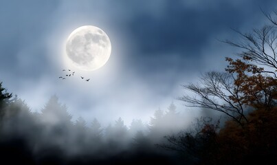 Wall Mural - A clean cinematic Halloween design of a glowing full moon with bats flying across, silhouetted forest trees below