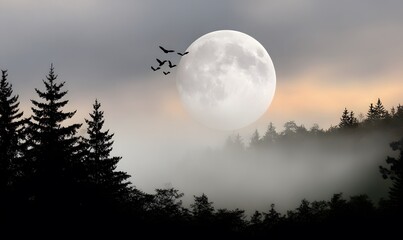 Wall Mural - A clean cinematic Halloween design of a glowing full moon with bats flying across, silhouetted forest trees below