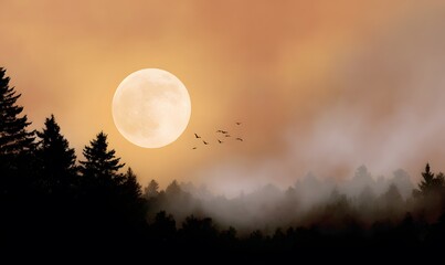 Wall Mural - A clean cinematic Halloween design of a glowing full moon with bats flying across, silhouetted forest trees below