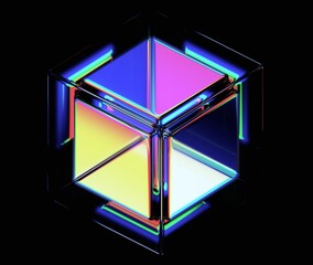 Wall Mural - Abstract iridescent cube on black background, 3d render