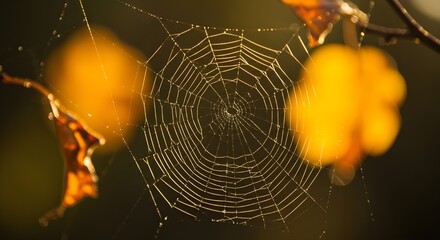 Spiderweb in Autumn Sunlight with Blurred Leaves