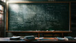 © miradesign - Vintage classroom blackboard filled with complex equations and mathematical formulas academic