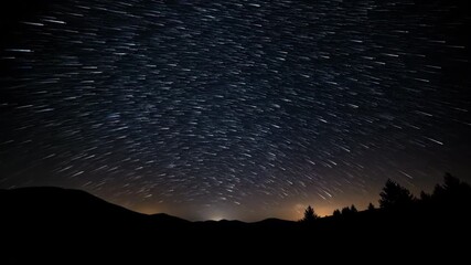 Wall Mural - dazzling stars rotate and streak across the inky black night sky above a silhouetted landscape in an