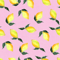 Wall Mural - Watercolor lemons seamless pattern background. On pink