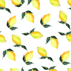 Wall Mural - Watercolor lemons seamless pattern background. On light