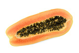 papaya isolated on white background, Cut lengthwise  fresh ripe papaya, orange flesh and numerous black seeds, isolated on white background top view flat lay stack clipping path