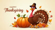 © PhotoArtHub - Happy Thanksgiving image featuring a cartoon turkey wearing a pilgrim hat, beside a pumpkin, surrounded by autumn leaves and berries Free space for text