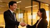 Business partnership handshake for deal. Professional Asian man and woman in suits making an agreement. Concept for corporate collaboration, trust, teamwork, welcome, and success.