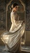 © Yuliana - AI image Beautiful woman in flowing gown by ornate archway ethereal light classic elegance