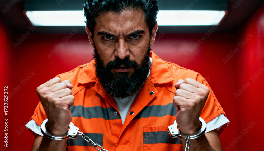 Angry hispanic man in orange prison jumpsuit and handcuffs looking at ...