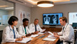 © Mario - Multiethnic team of specialist doctors in a meeting. Medical professionals collaborating in hospital conference room, analyzing a patient's case, discussing diagnosis with X-ray.