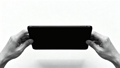 Hands holding a black tablet horizontally with a blank screen, isolated on a white background. Perfect mockup for app, website, or business presentation. Modern technology concept.