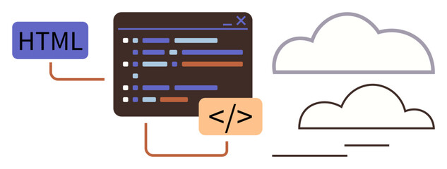 Coding window with colored lines, tags labeled HTML and , connected to cloud outlines. Ideal for web design, programming, cloud technology, software development, coding education, app design simple