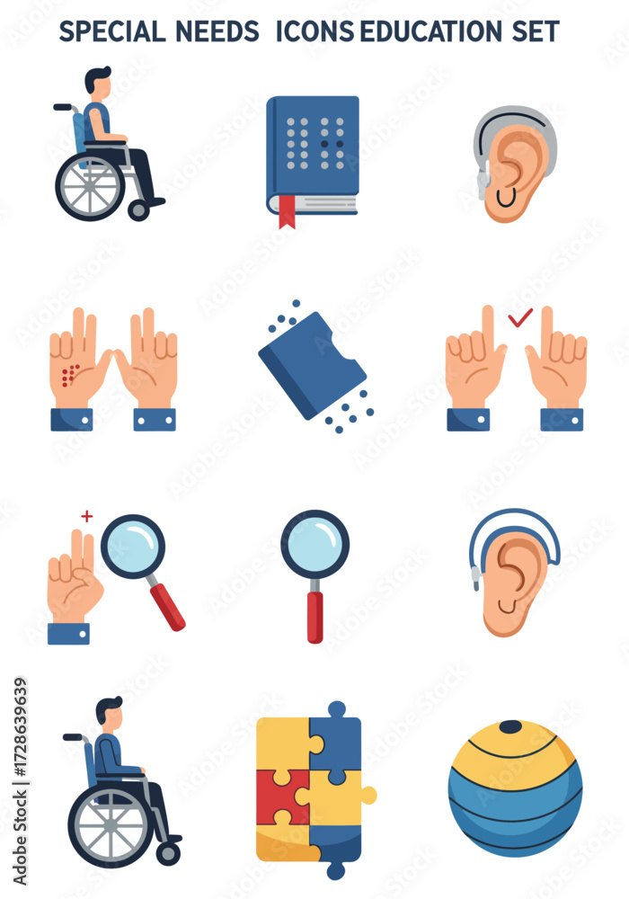 Specific Needs Icon Special needs education icons set featuring mobility vision hearing and ...