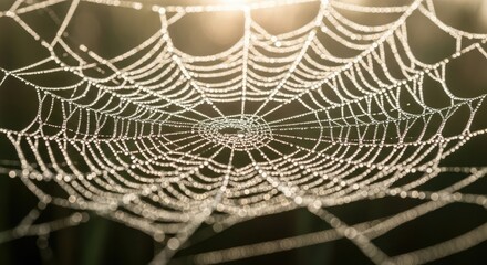 Dew-covered spiderweb glistening in the sunlight, intricate design against a blurred background.