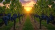 © rika - Sunset over a vineyard with ripe purple grapes on the vines
