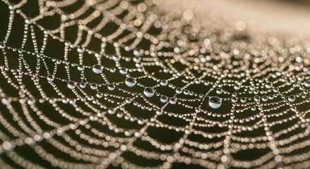Dewdrops cling to a spiderweb, creating a glistening, intricate pattern in the morning light.