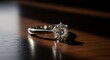 © Gugus - Sparkling Diamond Engagement Ring on a Polished Wooden Surface.