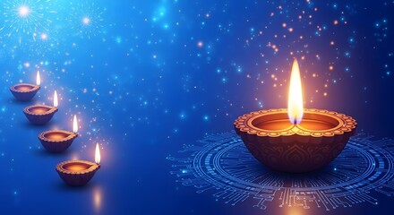 Glowing diya lamps illuminate a deep blue background with bokeh lights