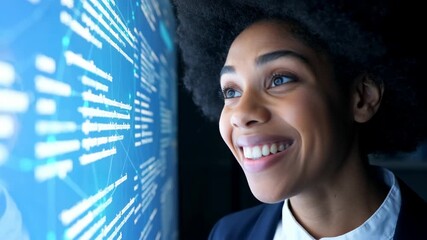 Young Woman Analyzing Digital Data and Code on a Futuristic Screen, Smiling Happily