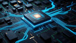 © JesminAkter - Blue macro closeup of a motherboard's electronic circuit board with processor chips representing computer technology and digital data hardware