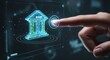 © Saima - Finger touching a glowing bank icon on a digital screen, representing finance and investment