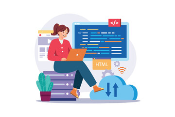 Female Programmer Working on Laptop with Cloud Computing Theme and Code Interface Transparent Background