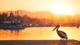 A pelican stands on a wooden dock at sunset with boats in the harbor