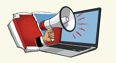 Digital announcement: A megaphone bursting through a laptop screen with energy