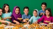 © Margarita Ratatosk - Muslim kids celebrating holiday with traditional arabic eid dessert sweet and treat party isolated on green screen.